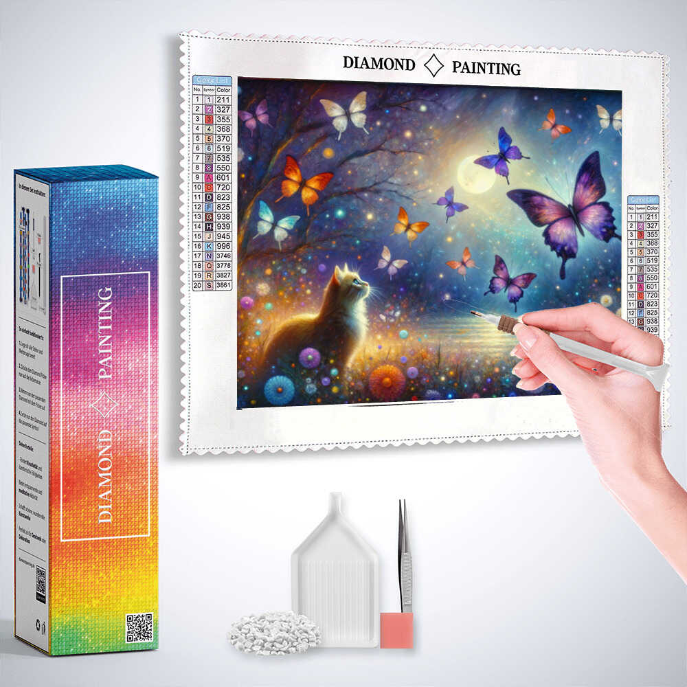 Cat marvels at colorful butterfly — Diamond Painting Kit, product view 3