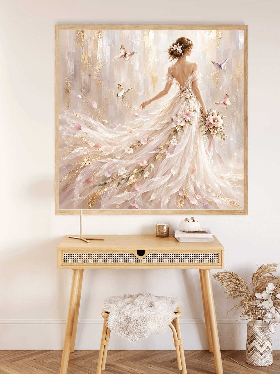 Woman with white dress, butterflies and flowers — Diamond Painting Kit, product view 2