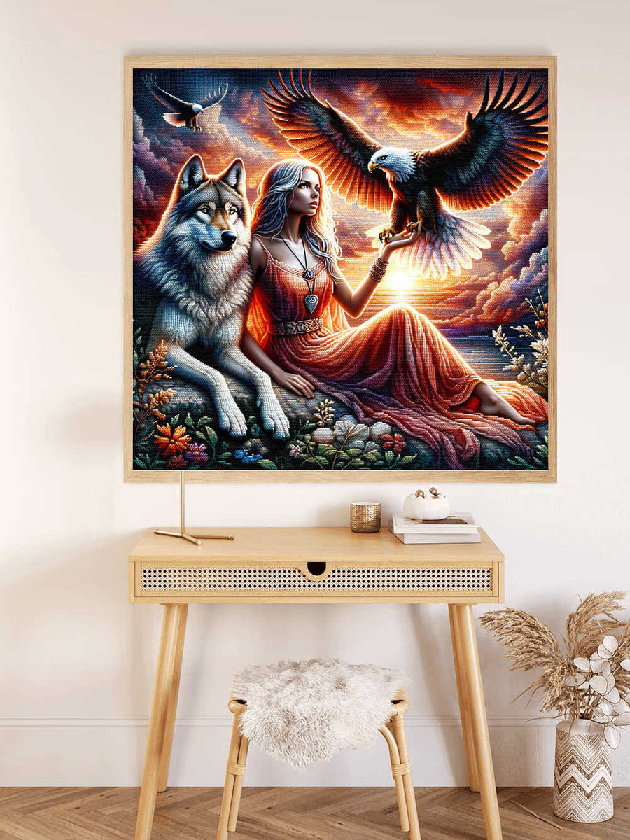 Woman with eagle and wolf — Diamond Painting Kit, product view 2