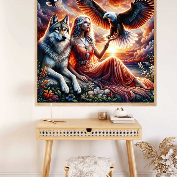 Woman with eagle and wolf — Diamond Painting Kit, product view 2