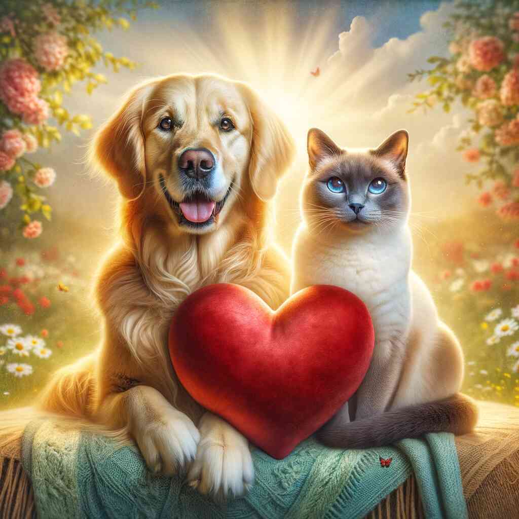 Radiant dog and graceful cat holding a red heart, symbolizing love and friendship in a golden, idyllic scene with flowers.