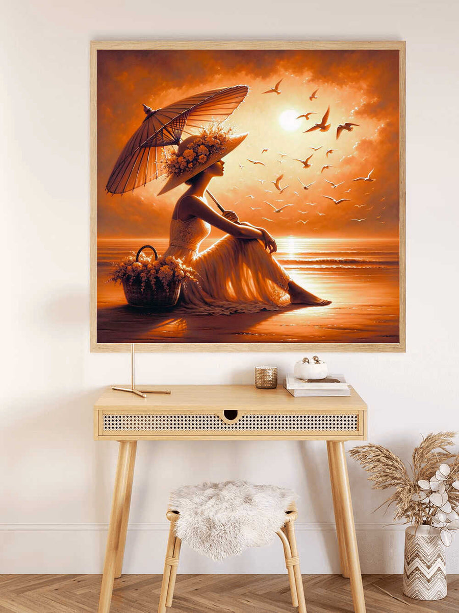 Woman on the beach with parasol and hat — Diamond Painting Kit, product view 2