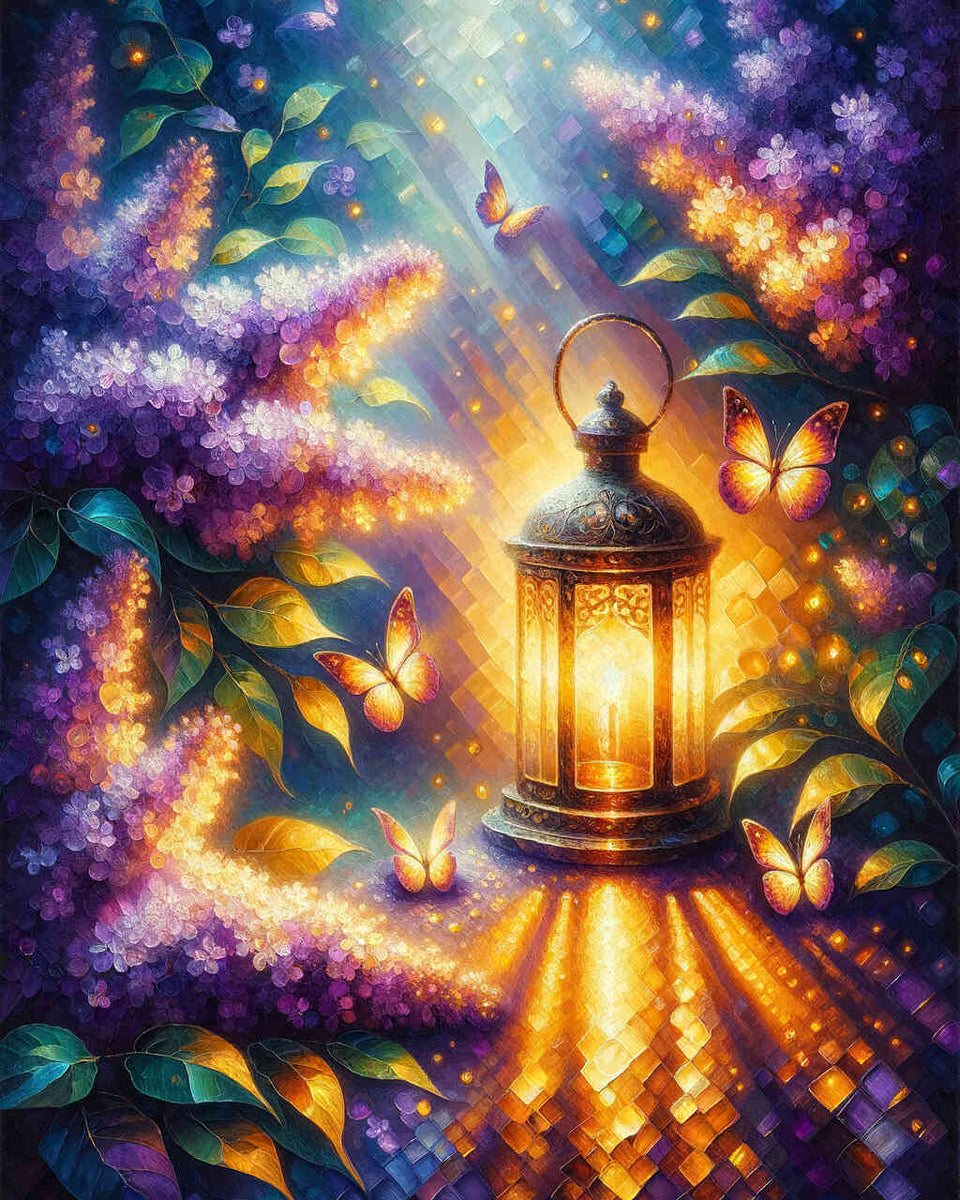 Lantern with lilacs — Diamond Painting Kit design