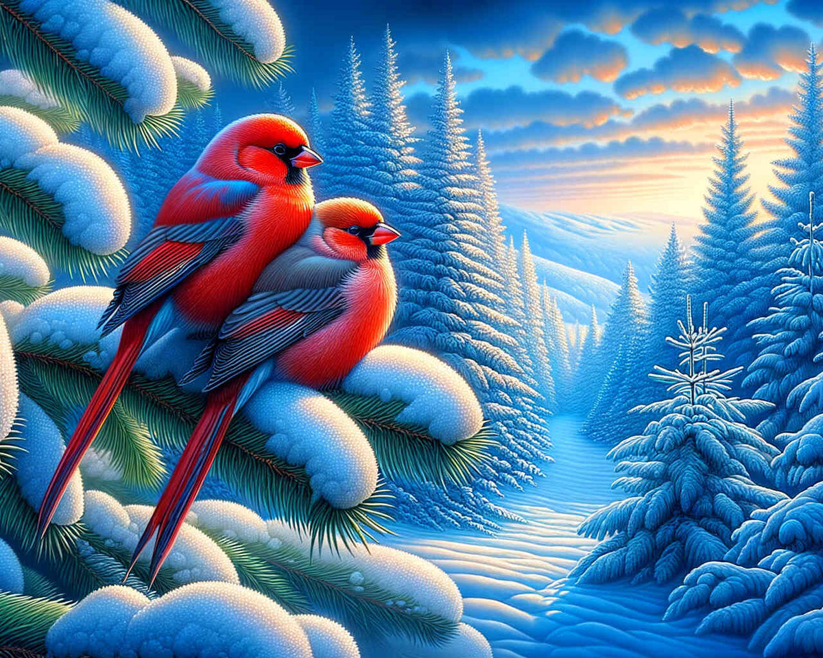 Winter Birds on a Fir Tree — Diamond Painting Kit design