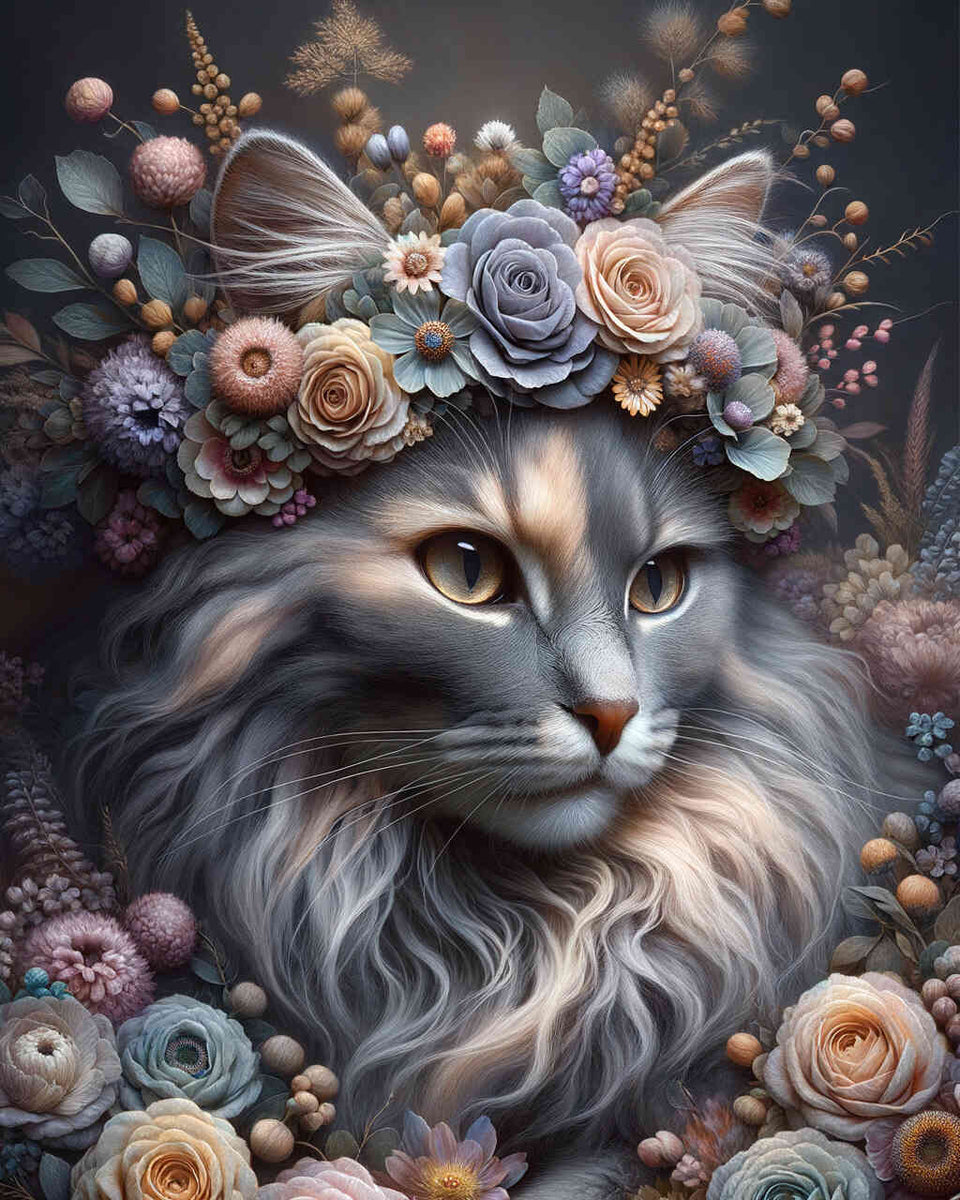Cat with flower wreath — Diamond Painting Kit design