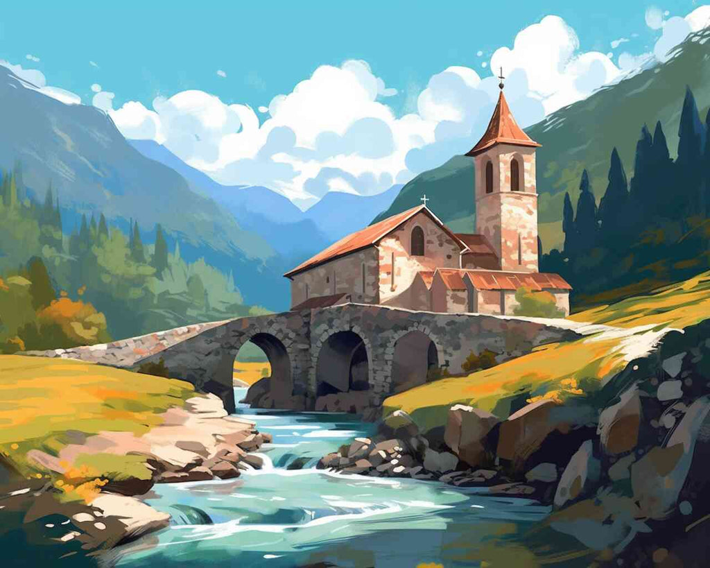 DIY Diamond Painting of Alpine Peace with a rustic mountain church, stone bridge, vibrant meadows, and pebble river under majestic mountains.