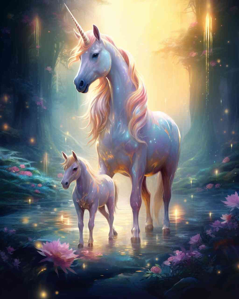Majestic unicorns in a magical forest with glowing light, pink flowers, and enchanted atmosphere.