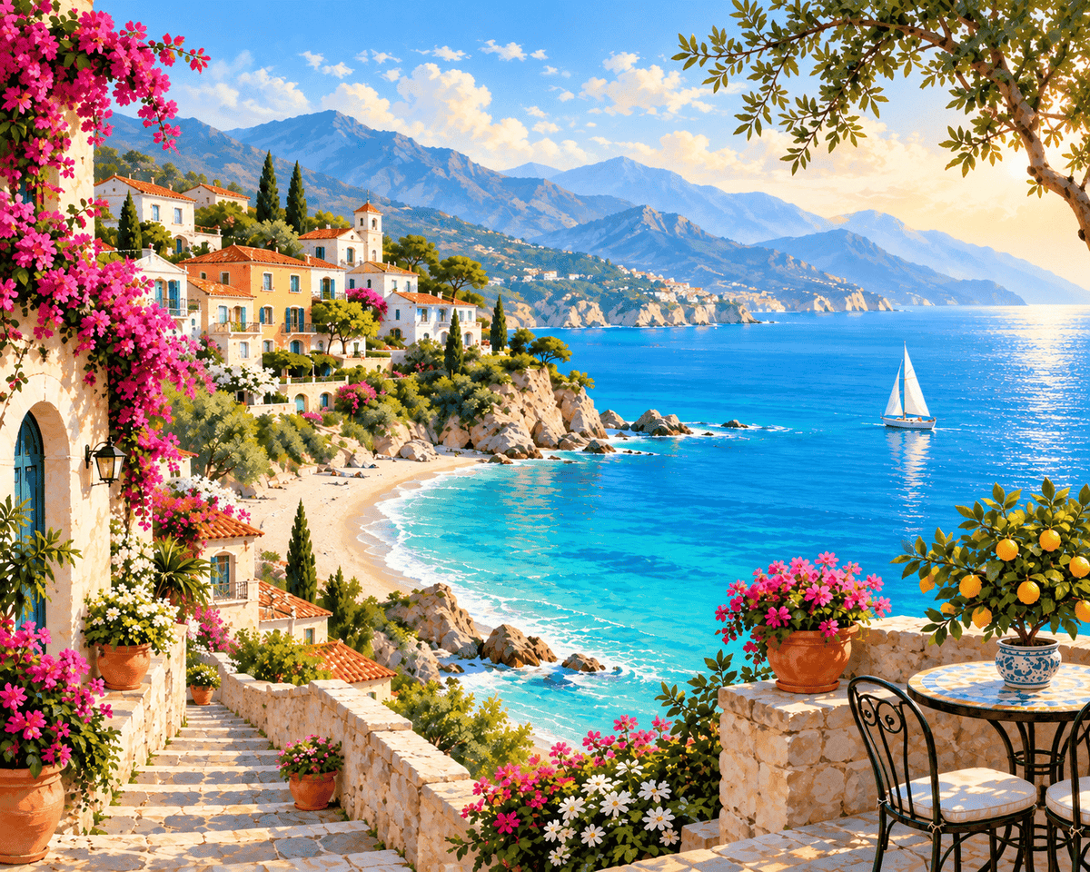 Mediterranean city by the sea — Diamond Painting Kit design