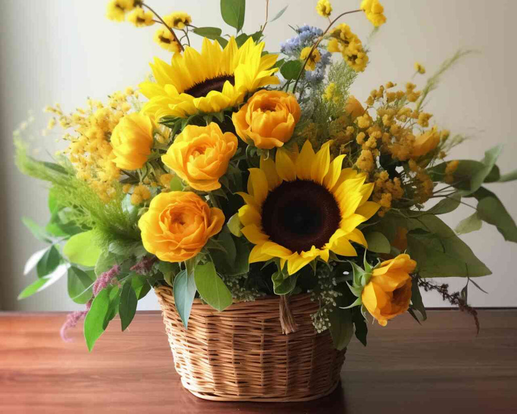 Bright sunflowers and delicate flowers in a wicker basket - DIY Diamond Painting "Sun Dance in a Basket" with yellow and green tones.