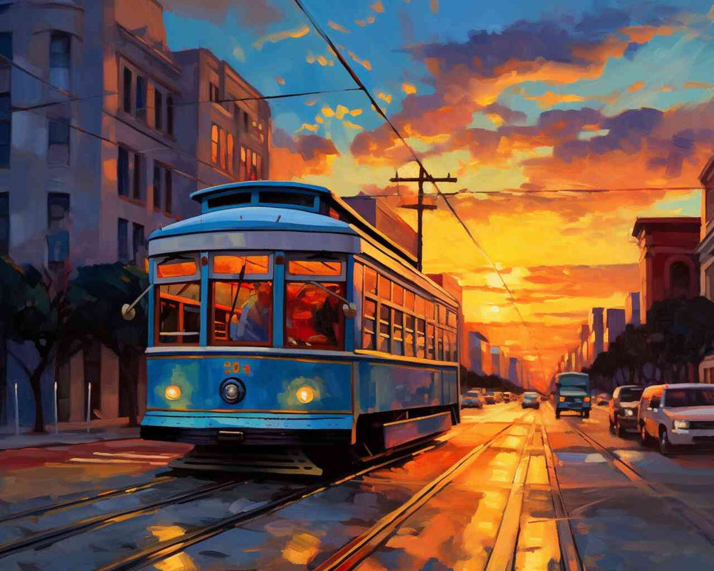 DIY Diamond Painting Evening glow in the city – Tram train glides through dusk city, sky ablaze with orange-red, modern architecture silhouetted.