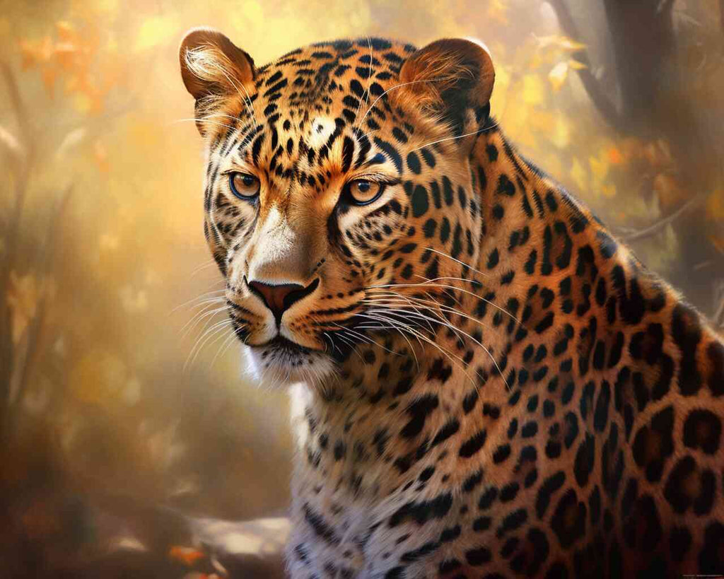 Majestic leopard with amber eyes in golden autumn forest backdrop, DIY Diamond Painting - Autumn Majesty.