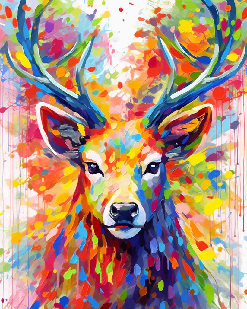 DIY Diamond Painting of a colorful forest with a majestic deer, blending expressionism and modernism, evoking joy and an emotional connection.