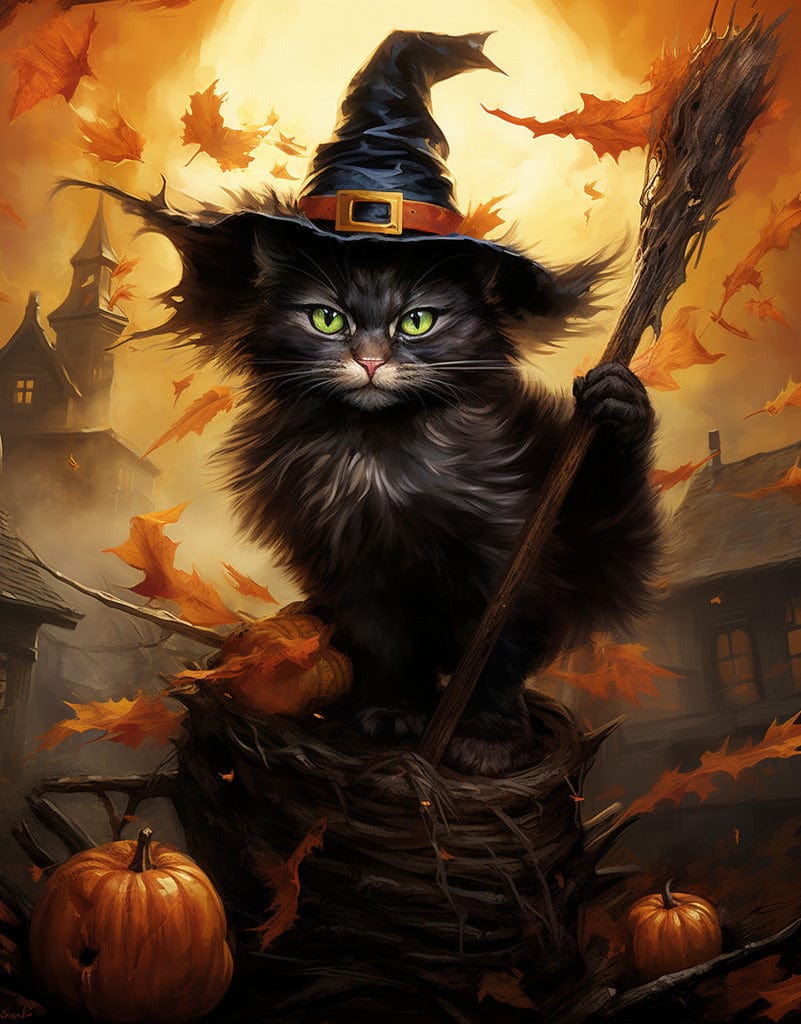 Cat riding a broom — Diamond Painting Kit design