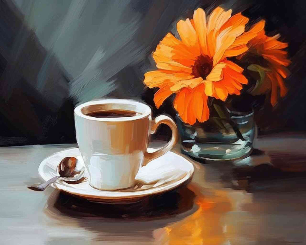 DIY diamond painting "Morning Silence" with a steaming coffee cup and bright orange flower on a reflective table
