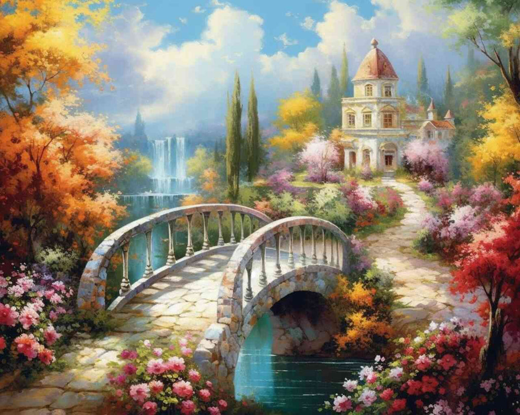 DIY diamond painting kit featuring a dreamy garden idyll with colorful flowers, stone path, waterfall, and elegant villa in impressionistic style.