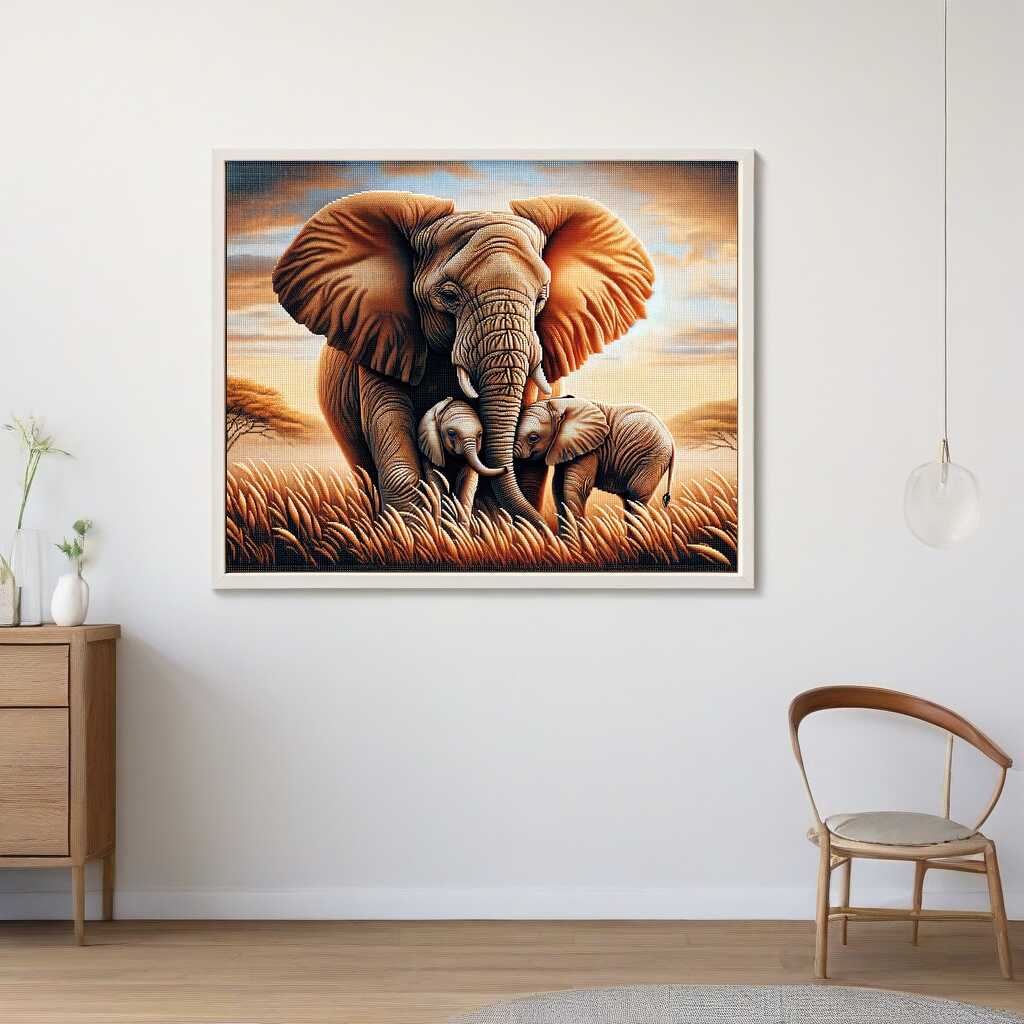 Mother Elephant with Her Calves — Diamond Painting Kit, product view 2