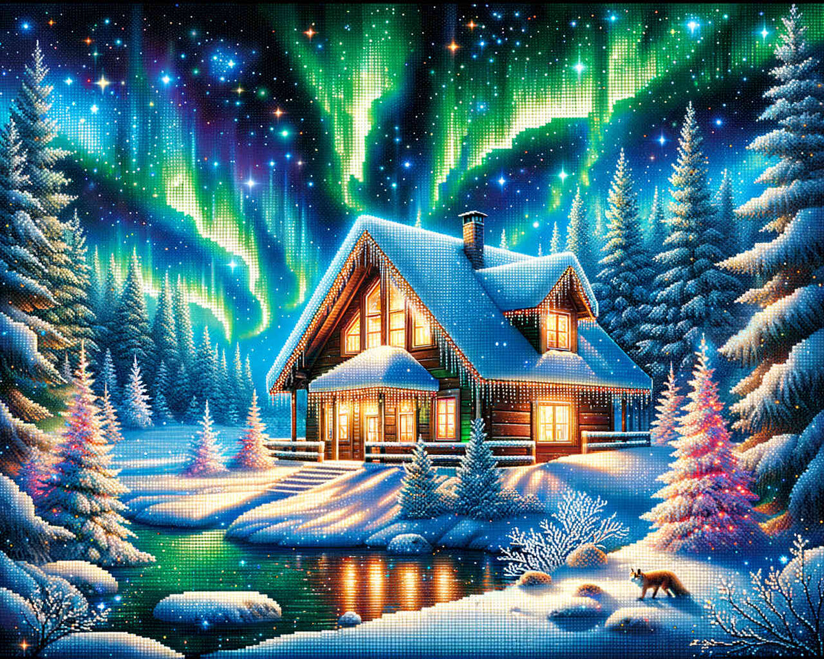 Winter House beneath the Aurora — Diamond Painting Kit design