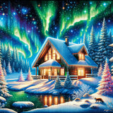 Winter House beneath the Aurora — Diamond Painting Kit design