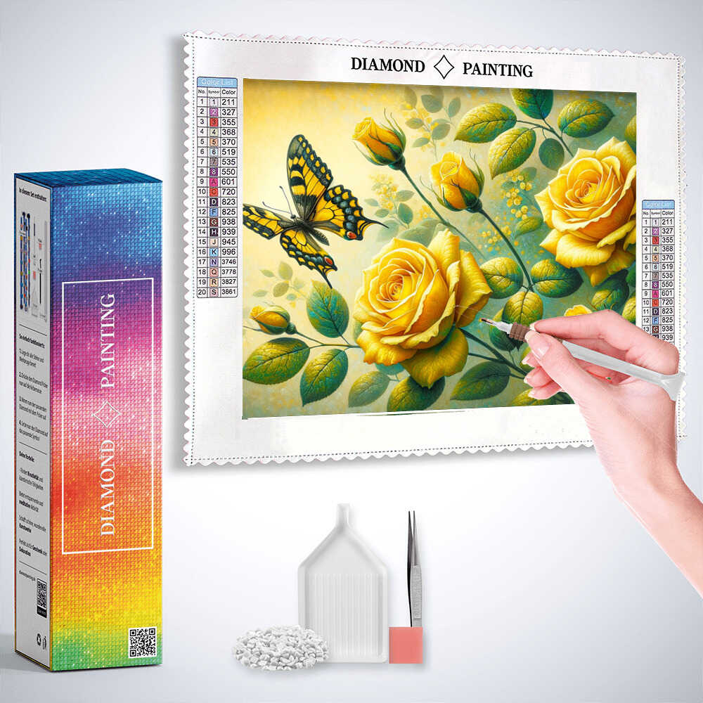 Two Yellow Roses and a Butterfly — Diamond Painting Kit, product view 3