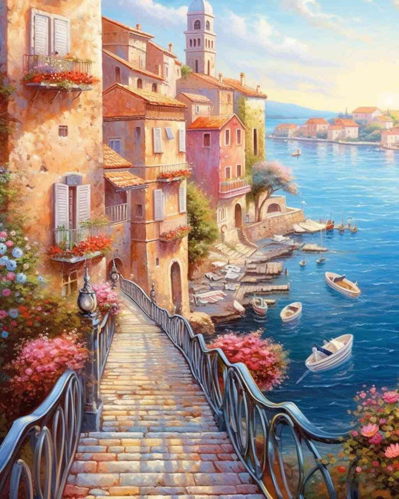 DIY Diamond Painting - Mediterranean idyll, sea bridge