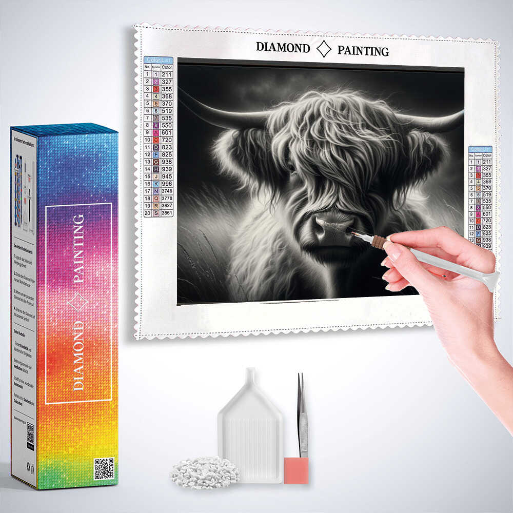 Black and white highland cattle with shaggy hair — Diamond Painting Kit, product view 3