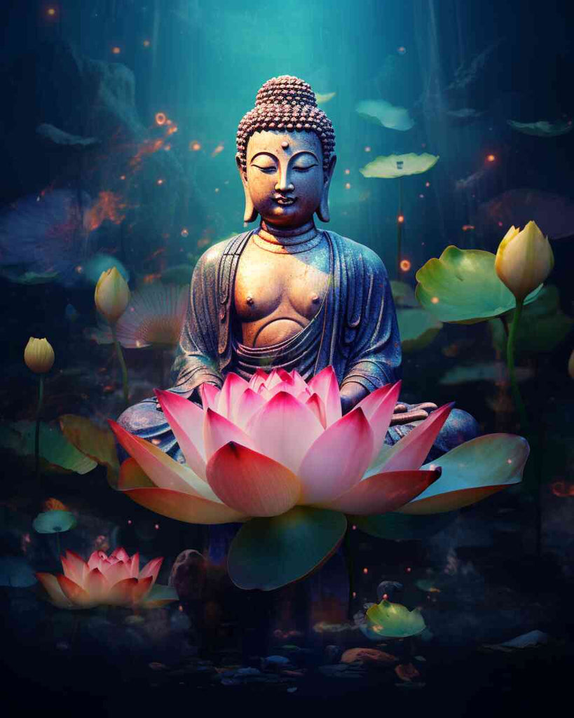 Tranquil Buddha statue on a pink lotus blossom with glowing particles, set in a mystical lotus garden with soft blue tones and light rays.