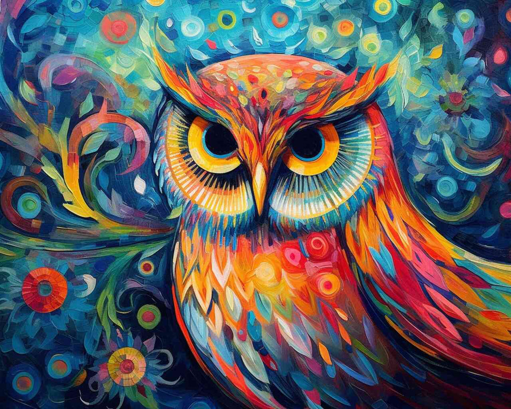 DIY Diamond Painting - Colorful Wisdom featuring a vibrant, luminous owl surrounded by vivid spiraling patterns and dynamic colors.