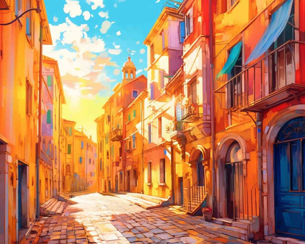 DIY Diamond Painting - Mediterranean sun flood with bright colors, cobbled alley, and golden sunlight bathing facades in impressionist style.