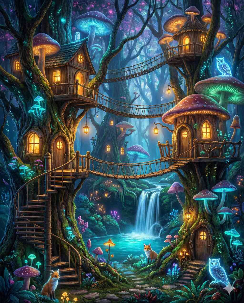 The Magical Forest Village at Night — Diamond Painting Kit design
