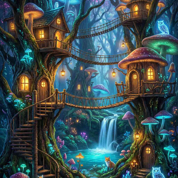 The Magical Forest Village at Night — Diamond Painting Kit design