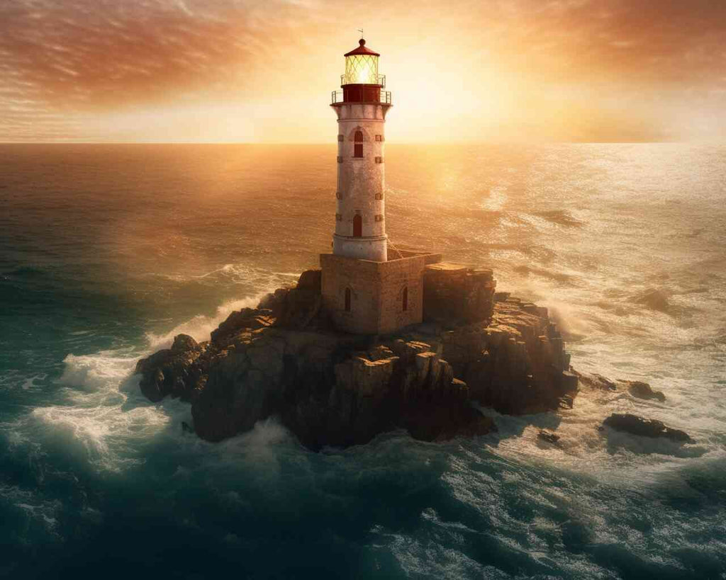 DIY Diamond Painting - Lighthouse of Awakening at sunrise, with waves crashing against rugged cliffs and warm golden tones in the sky.