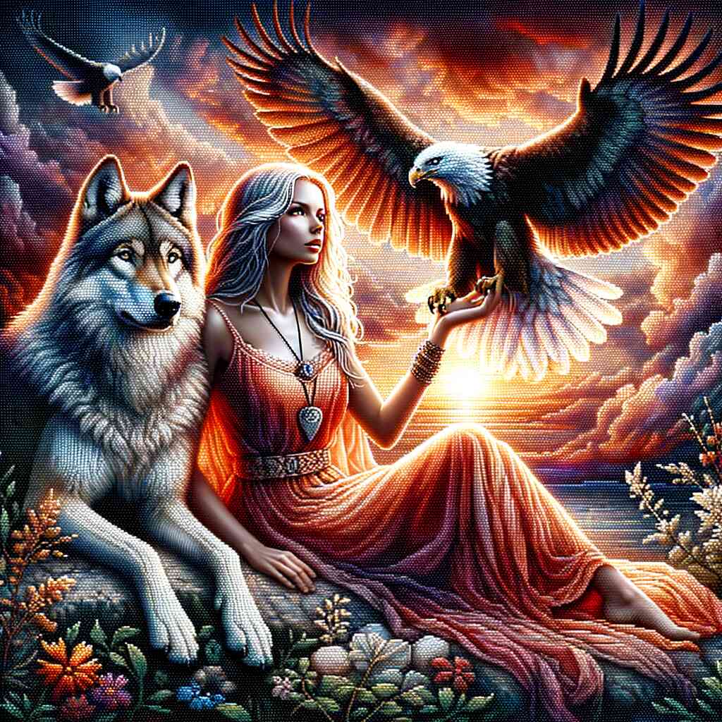 Woman with eagle and wolf — Diamond Painting Kit design