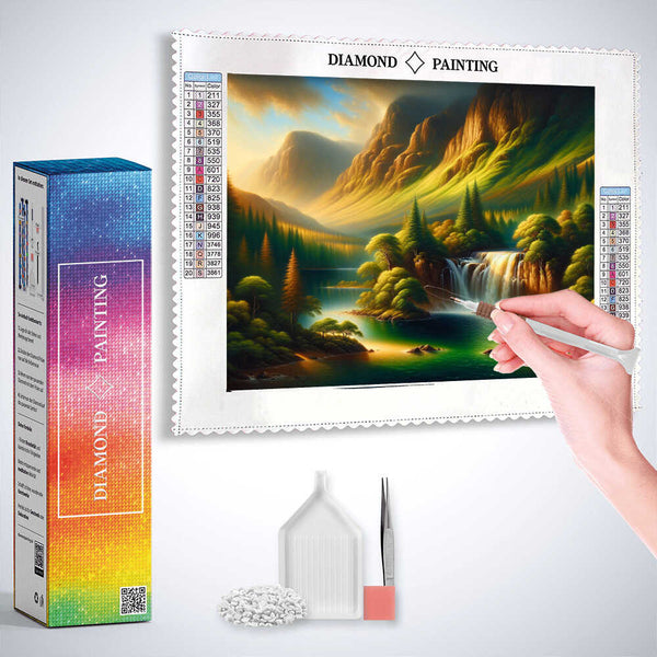 Mountains and a Woodland Waterfall — Diamond Painting Kit, product view 3
