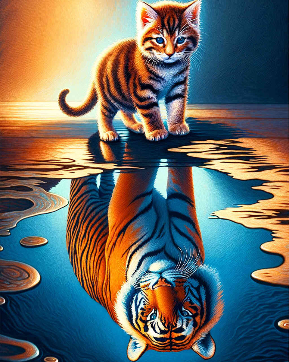Small cat big tiger reflection — Diamond Painting Kit design