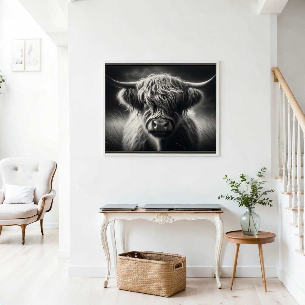 Black and white highland cattle with shaggy hair — Diamond Painting Kit, product view 2