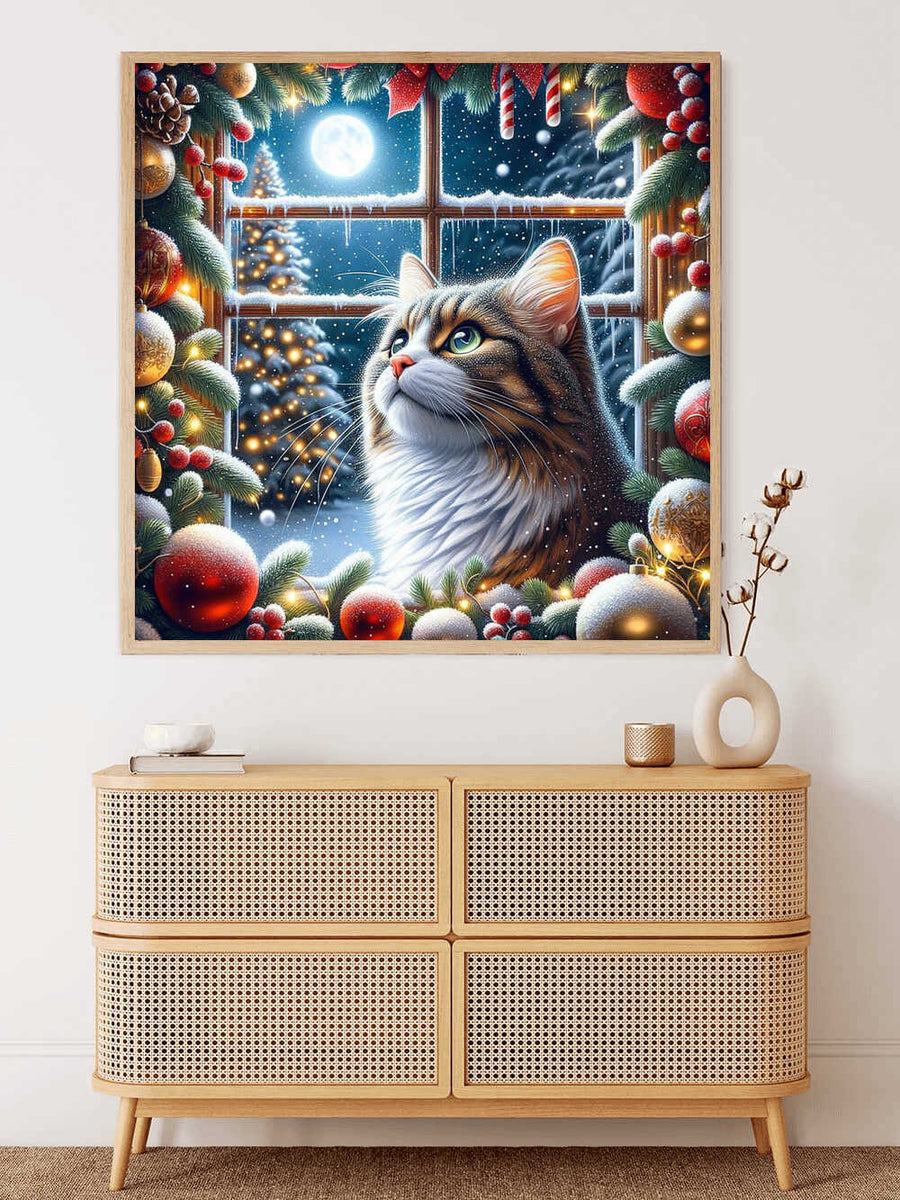 Christmas cat in front of window — Diamond Painting Kit, product view 2