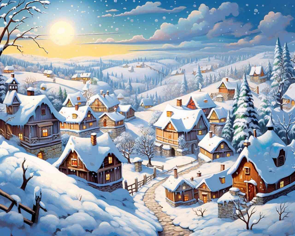 DIY Diamond Painting of a peaceful winter village with snow-covered houses, glowing windows, snowy trees, and hills under a calm winter sun.