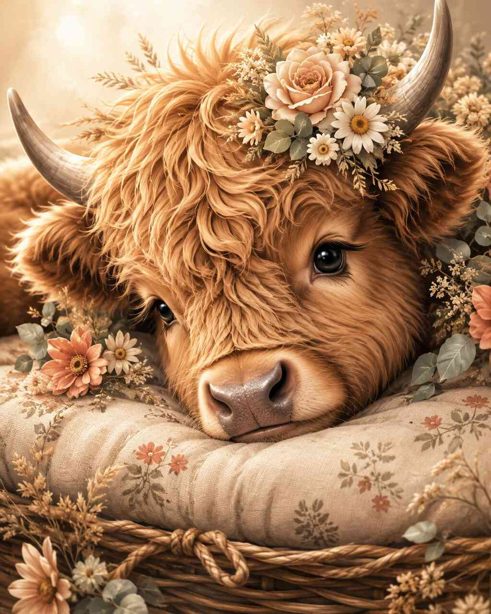 Highland Calf in a Flower Basket — Diamond Painting Kit design