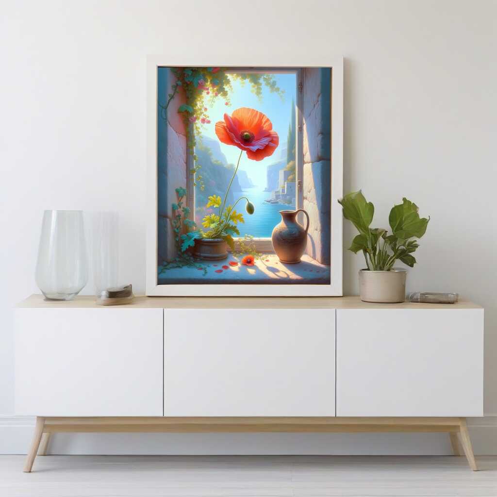 Poppy flower on windowsill — Diamond Painting Kit, product view 2