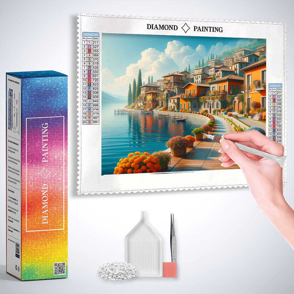 Mediterranean village by the lake — Diamond Painting Kit, product view 3