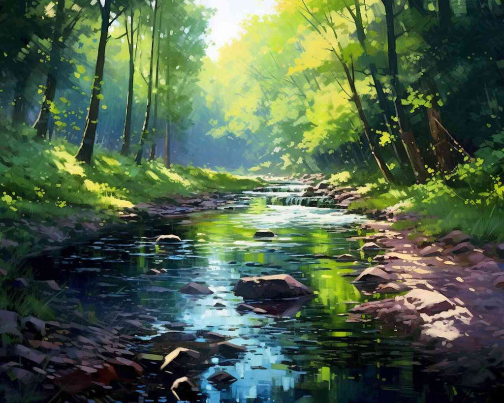 DIY Diamond Painting - Bright green forest with a clear stream reflecting sunlight in the morning, titled "Forest Whispers in the Morning Light"