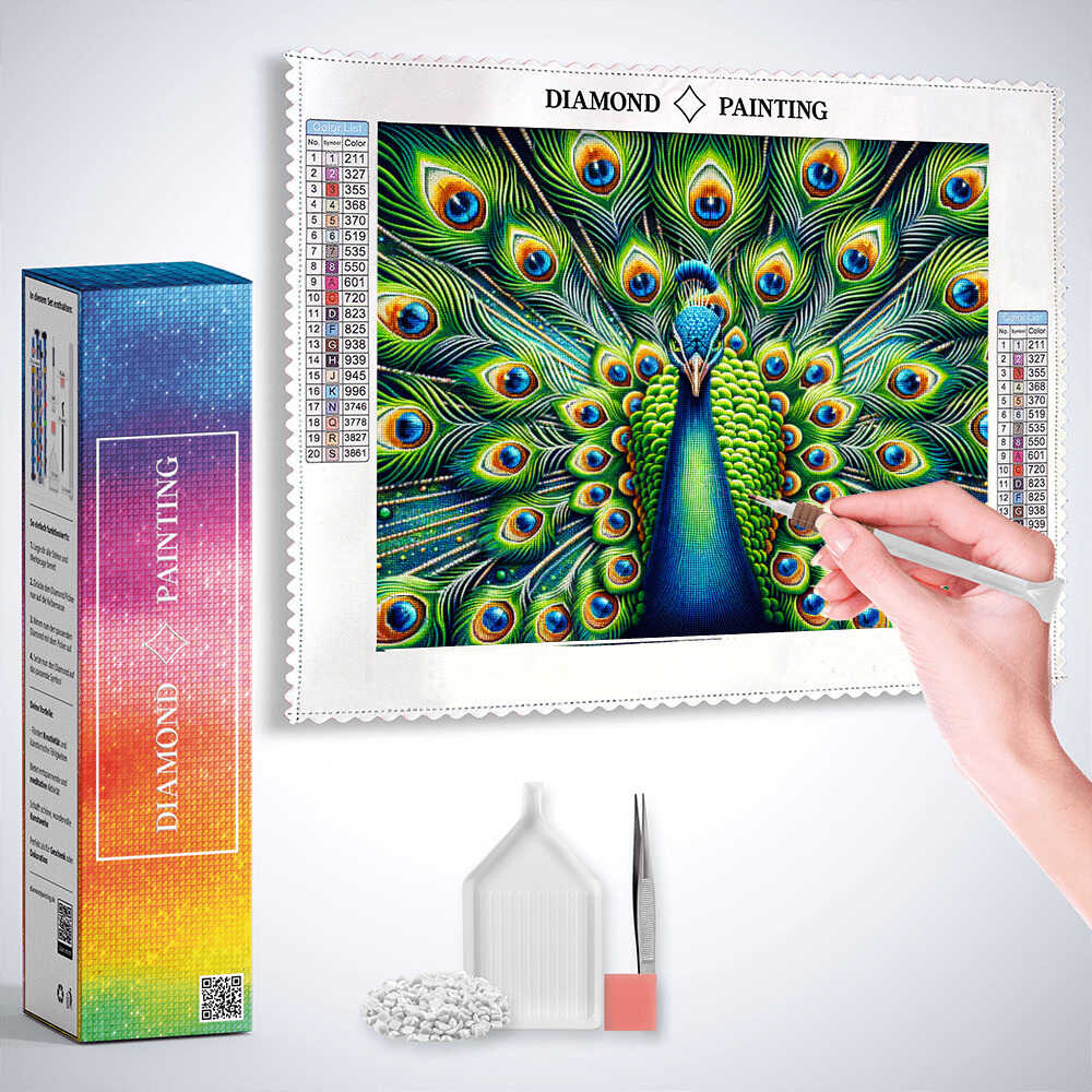 Peacock in Green and Blue — Diamond Painting Kit, product view 3