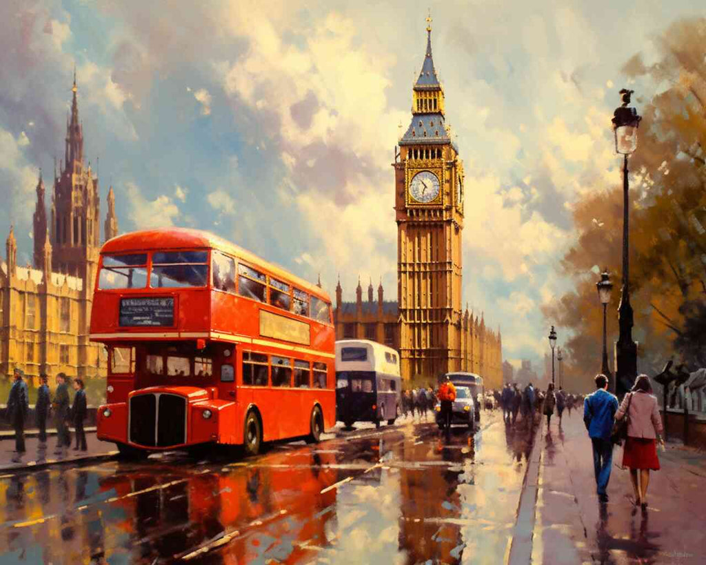 Rainy day in London with red double-decker bus by Big Ben and Houses of Parliament in impressionist style, vibrant reflections on wet streets.