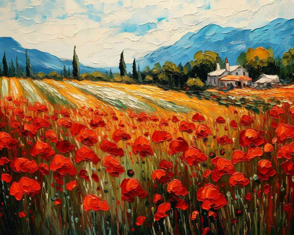 Vibrant poppy field under dramatic sky with villa in the background, showcasing Mediterranean landscape and expressionist brushwork.