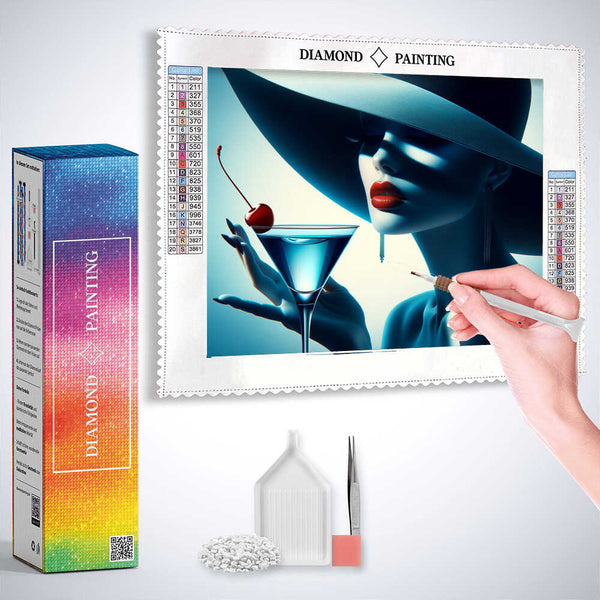 Woman with big hat drinking martini with cherry — Diamond Painting Kit, product view 3
