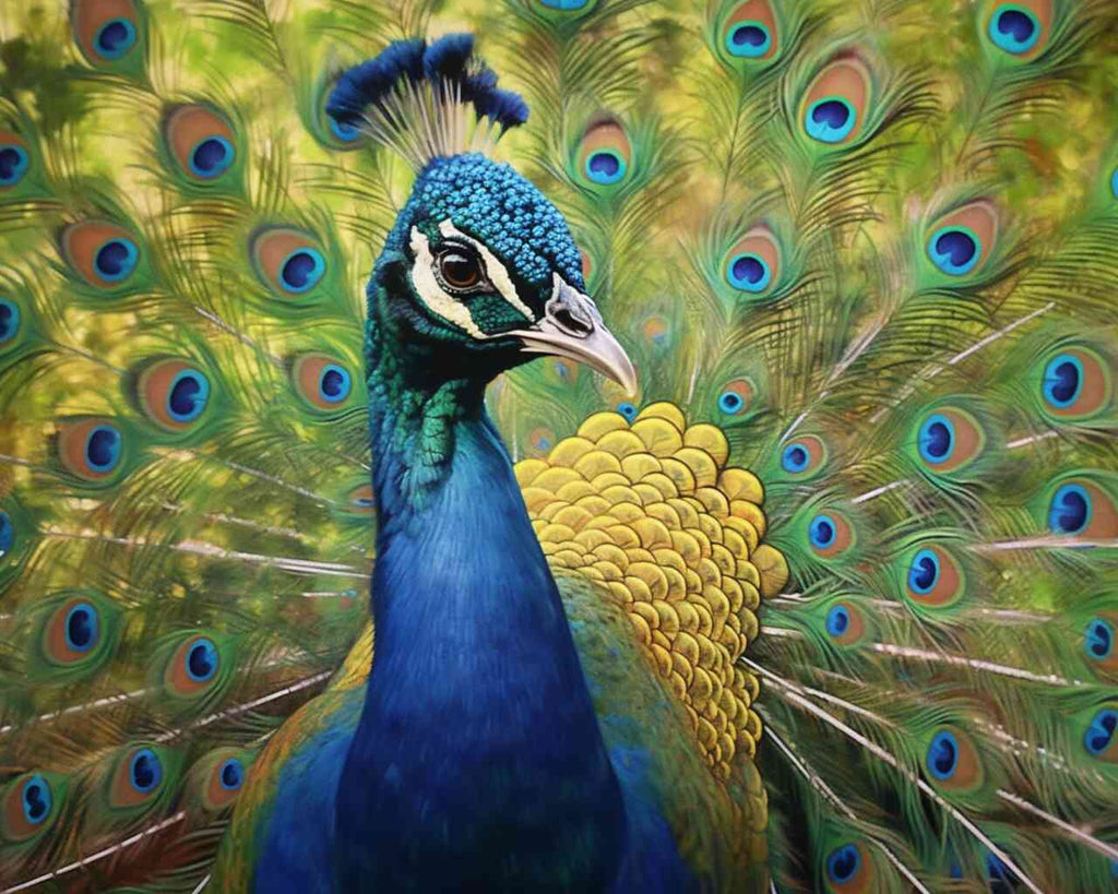 A vibrant DIY diamond painting depicting a majestic peacock with blue and gold feathers, showcasing intricate details and vivid colors.