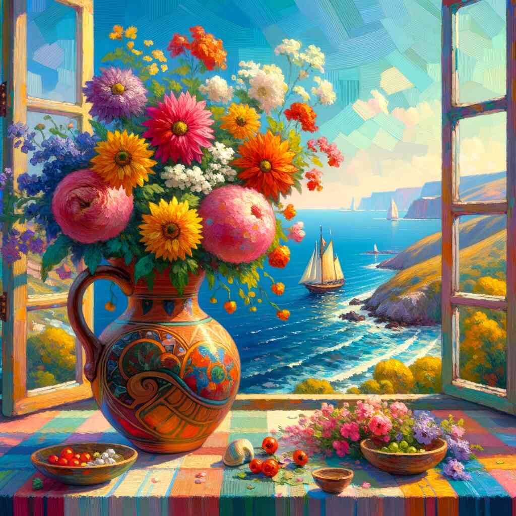 DIY diamond painting of a Mediterranean window view, featuring a colorful jar of lush flowers and sailboats on a sparkling azure sea.