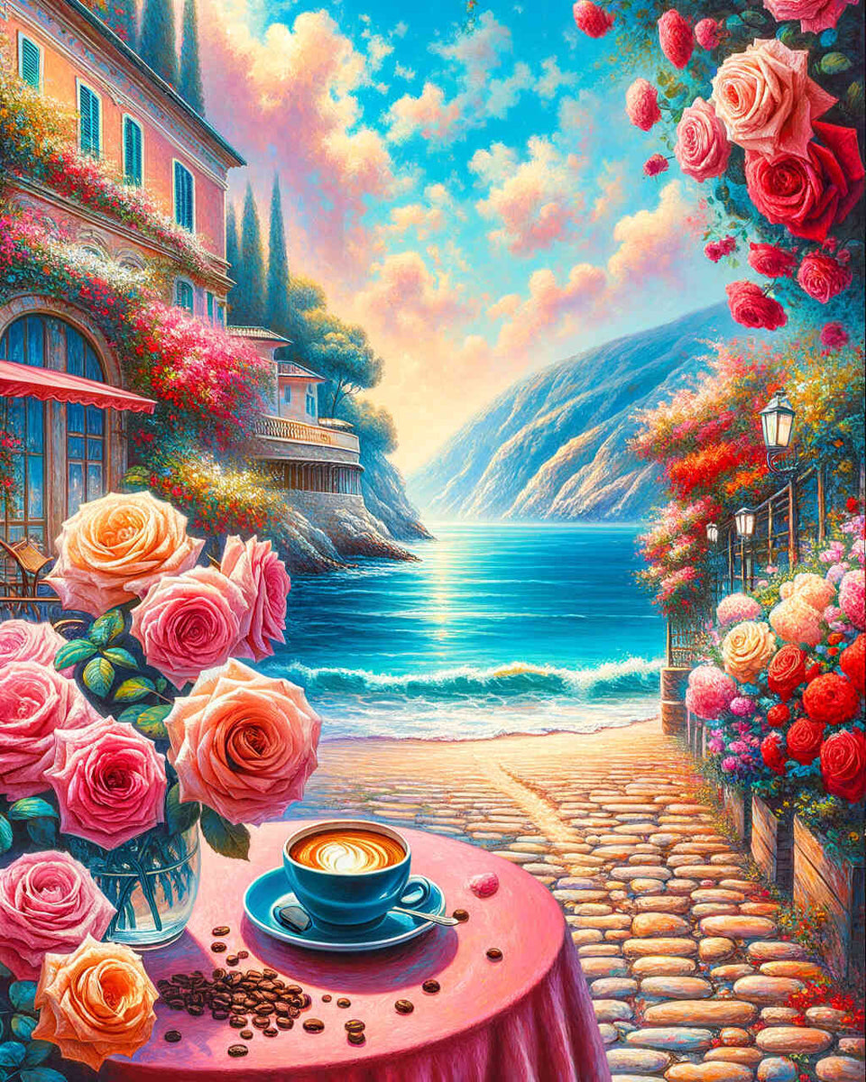 Coffee by the sea rosebushes — Diamond Painting Kit design
