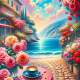 Coffee by the sea rosebushes — Diamond Painting Kit design