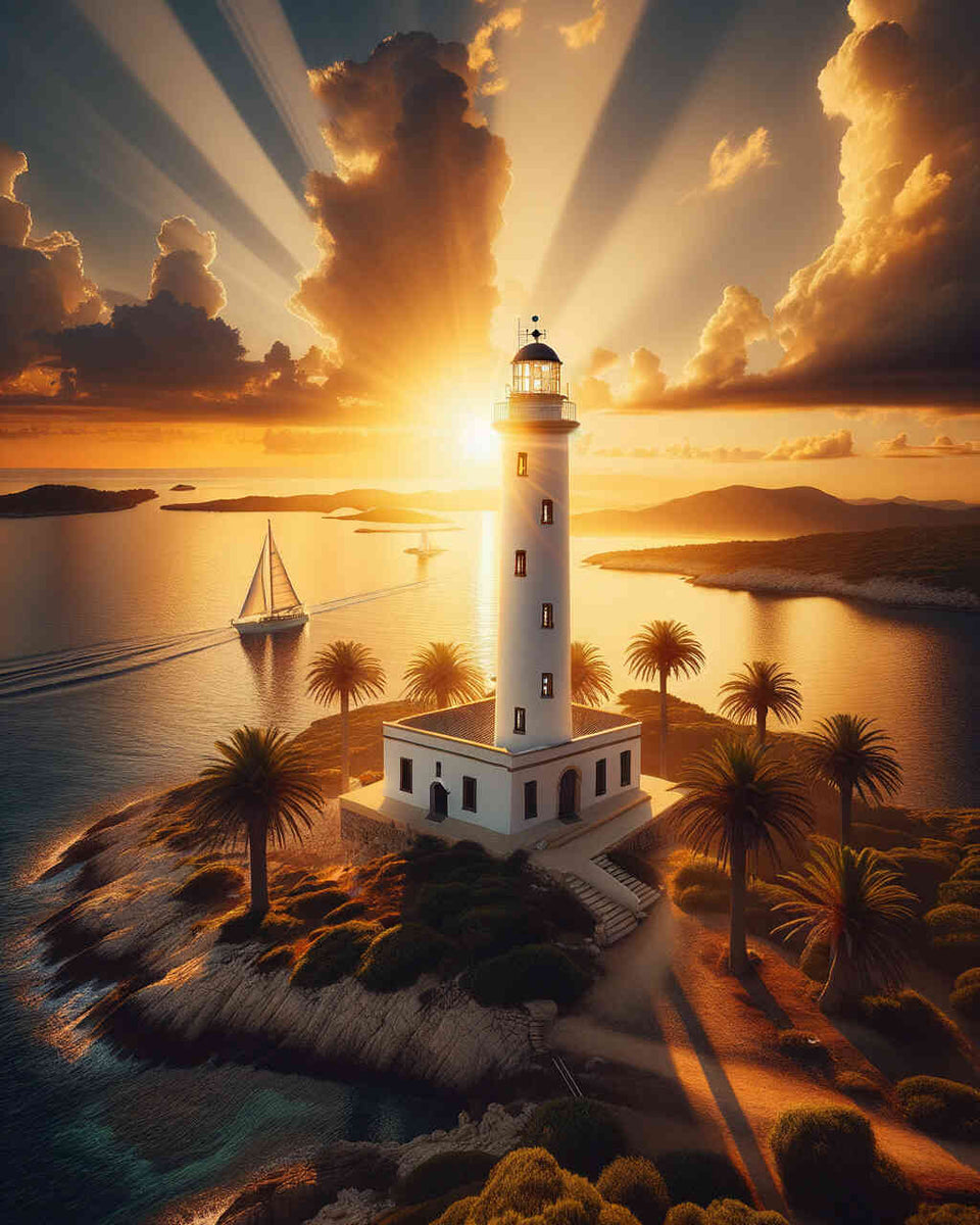 White lighthouse, sunset — Diamond Painting Kit design